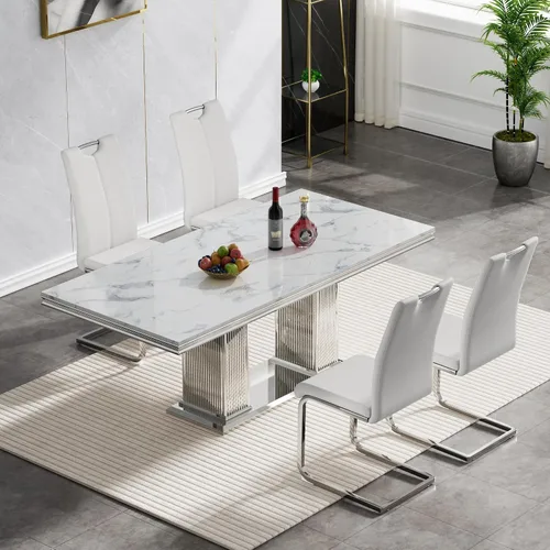 Miniatura 27 de Juego de mesa de comedor de 5 piezas, moderno juego de mesa de comedor para 4, 70 pulgadas, juego de mesa de comedor de mármol sintético blanco