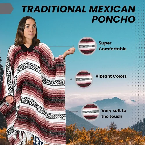 Miniatura 2 de Artisans Bazaar Poncho tradicional mexicano de Baja para hombres y mujeres, auténtico sarape de Gaban, manta de vaquero Pancho Jorongo