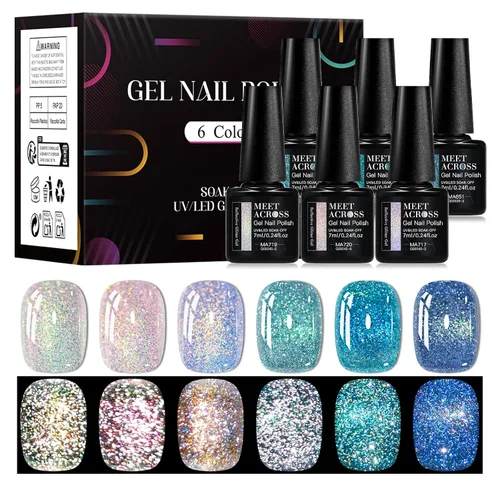 Miniatura 20 de MEET ACROSS Juego de esmaltes de uñas de gel luminosos de caramelo de 6 colores, esmalte de uñas de gel que brilla en la oscuridad con cepillo
