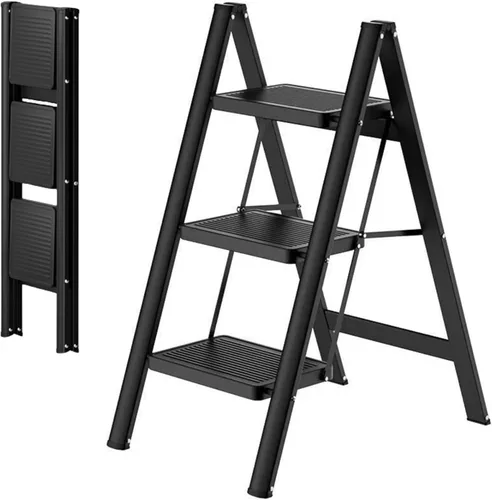 Escalera de 3 escalones, taburete plegable con pedal antideslizante ancho, capacidad de carga de 330 libras, ligero y portátil para ahorrar espacio