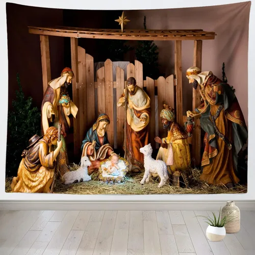 Loccor Tapiz de escena del Nacimiento de Navidad, escena del pesebre, figuras de Jesús, Virgen María, tapiz para colgar en la pared, arte de pared
