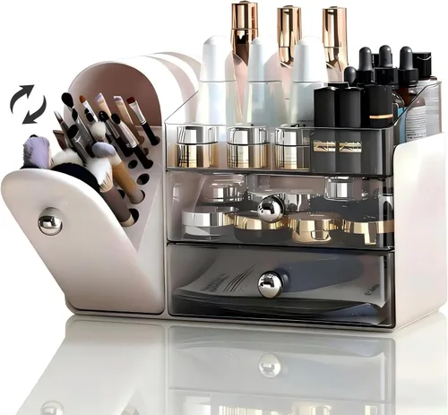 Miniatura 7 de Organizador de maquillaje para tocador con soporte de cepillo cubierto, organizadores de baño con cajón, organizador de cuidado de la piel