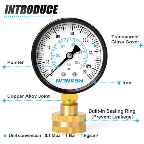 Miniatura 3 de MEANLIN MEASURE Medidor de presión de agua 0-150psi, medidor de presión de agua de 3/4" hembra con esfera de 2.5" y anillo de sellado, medidor