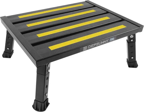 Taburete de altura ajustable de aluminio para RV, plataforma plegable estable, soporta hasta 1,000 lb, pies de goma antideslizantes y tapete de Negro