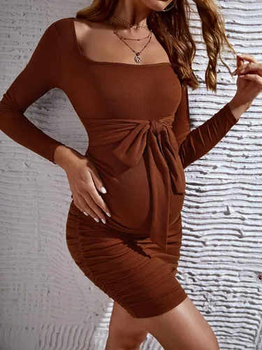 Miniatura 5 de OYOANGLE Minivestido de maternidad con cuello cuadrado y manga larga para mujer