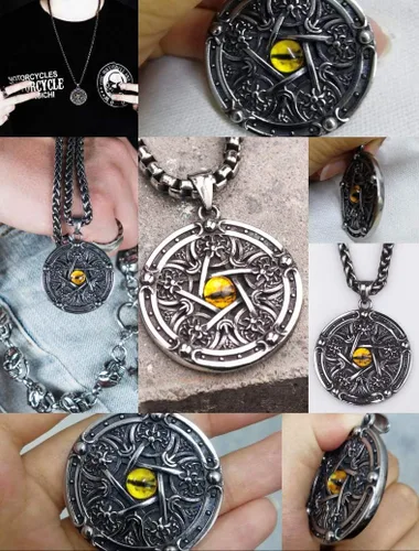 Miniatura 6 de Collar de pentagrama punk de titanio de acero inoxidable con dije de estrella de pentáculo, collar personalizado contra el mal de ojo para hombres