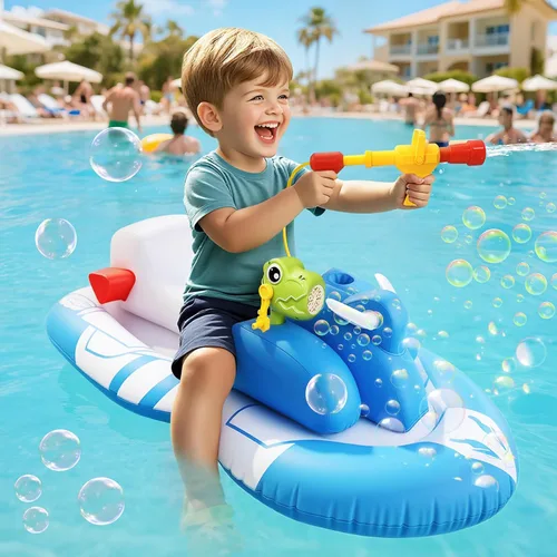 Flotadores de piscina con forma de moto acuática para niños pequeños con pistola de agua y pistola de burbujas, barco inflable para niños de 6 a 12