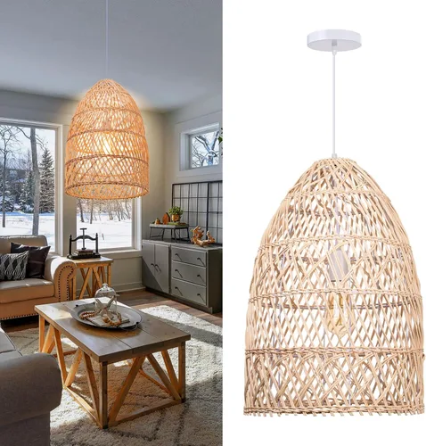 Miniatura 9 de Arturesthome Lámpara colgante de 1 luz de ratán natural, pantalla de lámpara colgante tejida, lámpara de techo colgante, lámpara colgante hecha a