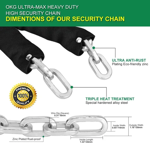 Miniatura 4 de OKG Cadena de seguridad resistente, 10 pies x 5/16 pulgadas (0.315 in) de grosor, cadena de motocicleta antirrobo y a prueba de cortes con junta