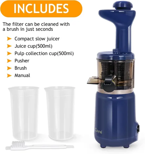 Miniatura 4 de CAYNEL Jugo de prensa en frío compacto y portátil, exprimidor lento con embudo de entrada extra ancho de 1.77 pulgadas para frutas y verduras, Azul
