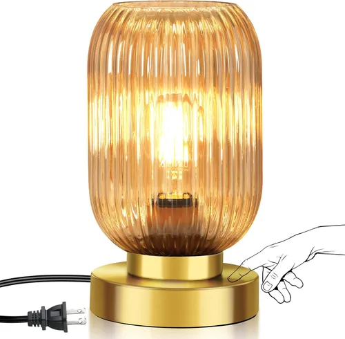 Miniatura 9 de Lámpara de mesa moderna de mediados de siglo, control táctil y regulable de 3 vías, pantalla de vidrio acanalado verde, dorado pequeño, lámpara