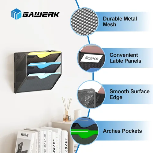 Miniatura 3 de Gawerk Organizador de archivos de pared colgante de 3 niveles, organizador de papel de correo de malla para colgar carpetas de archivos para oficina