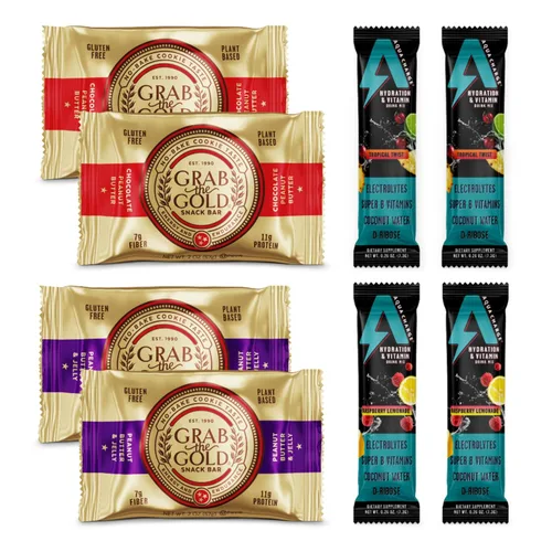 Grab The Gold Discovery Pack | Barras de proteína de mantequilla de maní y mantequilla de maní y gelatina de chocolate más barras de hidratación