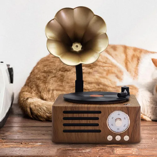 Miniatura 5 de Altavoz de tocadiscos vintage, tocadiscos portátil de grano de madera, altavoz Bluetooth con bocina de cobre, función de radio FM, diseño compacto