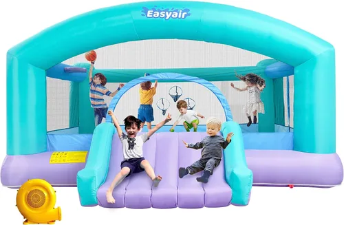 Miniatura 10 de Casa inflable para saltar para niños de 3 a 10 años, castillo hinchable de 123" L x 110", para saltar, con tobogán, aro de baloncesto, fosos