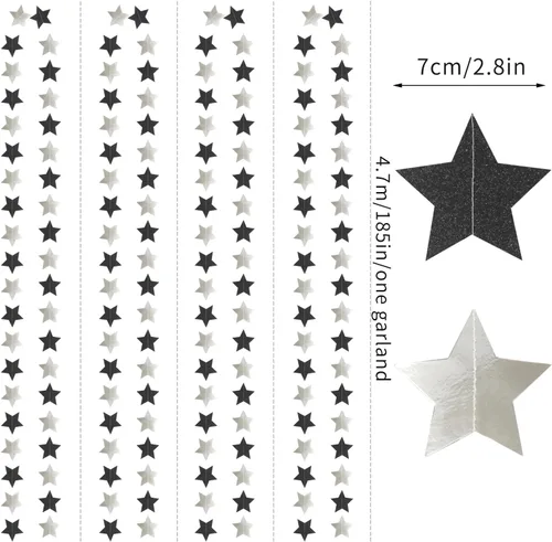 Miniatura 2 de Guirnalda de decoración de cumpleaños y graduación en negro y plata - 18.9 metros de serpentinas brillantes con purpurina y estrellas colgantes