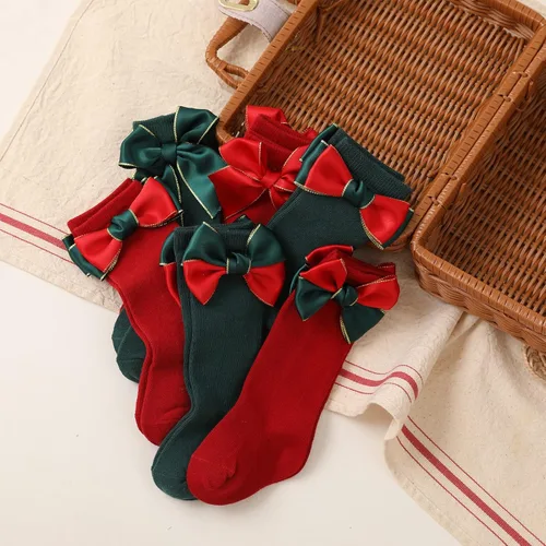 Miniatura 6 de Rarjuiey 2 pares de calcetines de Navidad para bebés y niñas pequeñas, medias de lazo alto hasta la rodilla, calcetines de algodón para recién