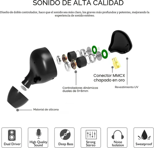 Miniatura 5 de Auriculares de Monitor In-Ear, Auriculares Estéreo HiFi IEM, Auriculares Dinámicos de Doble Driver Cableados con Cable Desmontable, Auriculares