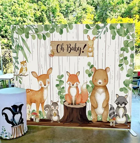 Miniatura 5 de Pancarta de fondo de baby shower de bosque, decoraciones de baby shower para niños y niñas, tela grande, temática de animales de selva, suministros