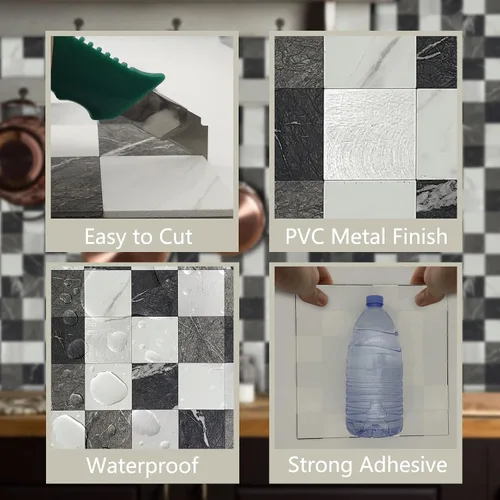 Miniatura 5 de Medley - Azulejos de PVC y aluminio de 12 x 12 pulgadas, para despegar y pegar, mármol negro y metal cepillado, paquete de 12