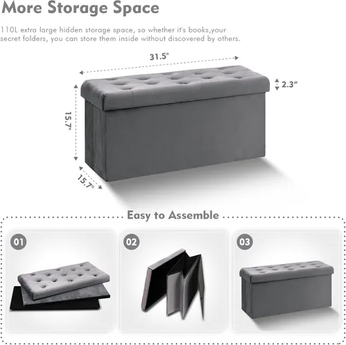 Miniatura 3 de B FSOBEIIALEO Otomana de Almacenamiento Plegable, Banco Largo de Zapatos Otomanas, Asiento Reposapiés de Cofre de Almacenamiento de Terciopelo Gris