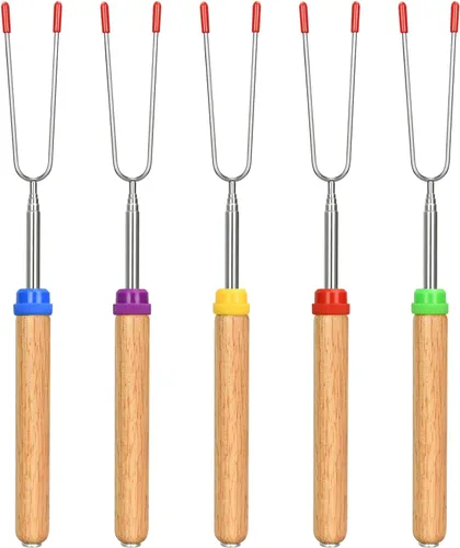 Miniatura 9 de Juego de 5 palitos para asar malvaviscos, brochetas extensibles de metal de 32 pulgadas de largo con mango de madera, para malvavisco, perros
