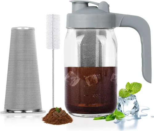 Miniatura 11 de Jarra de café frío de 64 onzas, jarra de vidrio resistente con tapa de mango de boquilla en forma de V, filtro de acero inoxidable para café helado