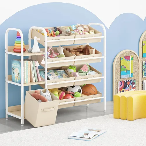 Miniatura 4 de Fixwal Organizador de almacenamiento de juguetes con cajones de tela y estantería, 3 estantes para niños, estantería para guardería con contenedores