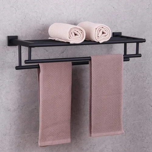 Miniatura 3 de GERZWY Estante de toalla con doble toallero organizador para baño, 24 pulgadas, acero inoxidable SUS 304, montaje en pared, moderno color negro mate