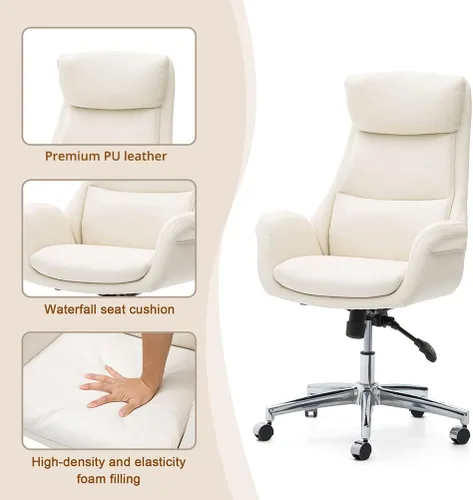 Miniatura 5 de Glitzhome Silla ejecutiva moderna de oficina para el hogar con respaldo alto - Silla de escritorio giratoria ajustable de cuero con apoyabrazos Crema
