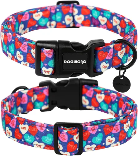 Miniatura 2 de DOGWONG Collar para perro de San Valentín, collar ajustable de algodón con corazón de caramelo azul, perfecto para perros pequeños a medianos