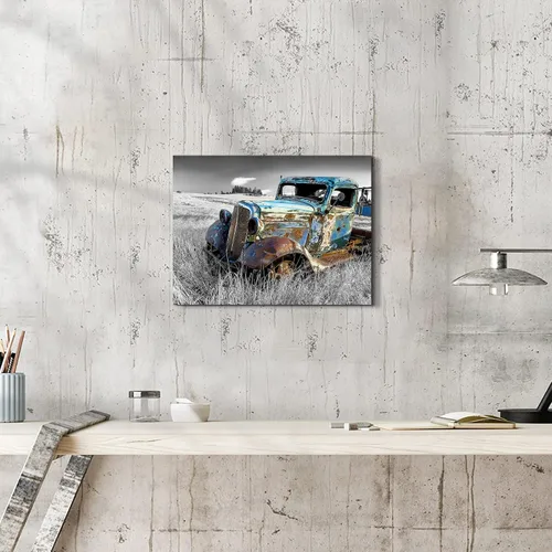 Miniatura 4 de SunFlax Arte de Lienzo de Pared de Carro Oxidado: Obra de Arte de Camión Azul Viejo Cuadro Rústico de Automóvil Pintura Vintage de Campo Antigua