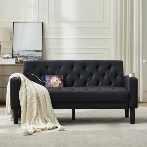 Miniatura 9 de TYBOATLE Sofá loveseat de 62" de ancho con 2 puertos de cargador USB y 2 portavasos, sofá de amor pequeño tapizado de cuero negro estilo moderno