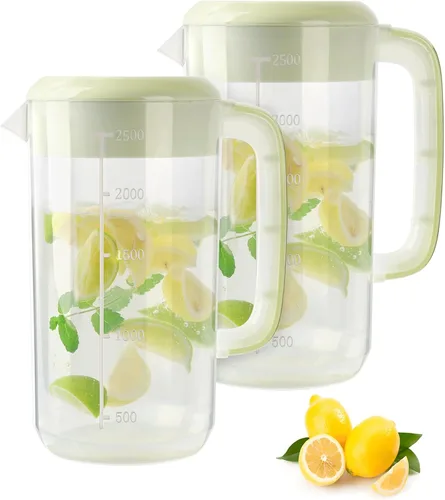 Jarra de plástico transparente de 0.6 galones y 2.5 litros con tapa, paquete de 2 jarras de agua transparente para bebidas frías, jarra de té helado