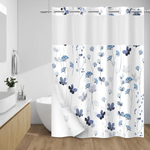 WITHLOC Cortina de ducha sin gancho con forro a presión, cortina de ducha floral de acuarela, forro interior impermeable de tela, cortinas de ducha
