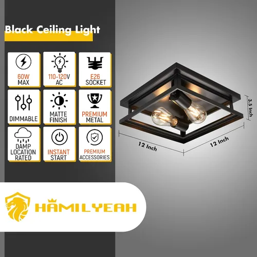 Miniatura 2 de Hamilyeah Lámpara de techo de montaje empotrado de granja, 2 luces, luz de techo para pasillo, color negro, lámpara de techo de cocina para montaje