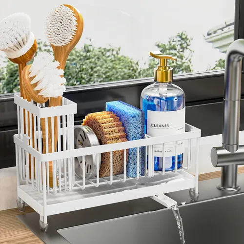 Miniatura 13 de Cisily Soporte de esponja negro extra grande para fregadero de cocina, organizador de fregadero con soporte alto para cepillos, organizadores