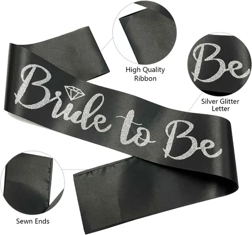 Miniatura 2 de Bride to Be - Banda de satén negro con letras plateadas con purpurina plateada, banda para despedida de soltera, boda, fiesta, recuerdos