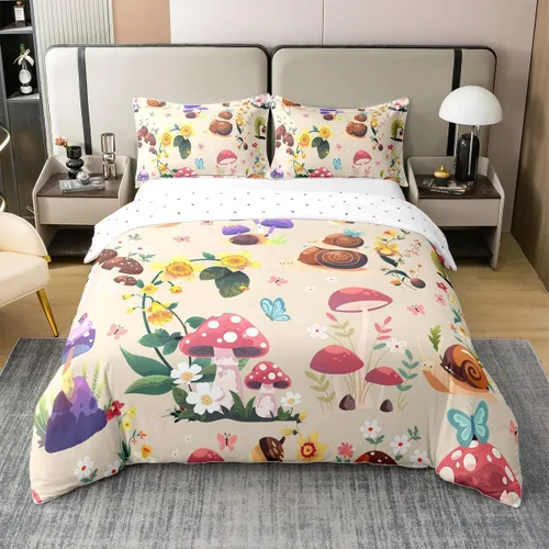 jejeloiu Cute Mushroom Decor Duvet Cover 100% Cotton for Kids Boys Girls Twin Size Botanical Plants Bedding Set Cartoon Mushrooms Comforter Cover