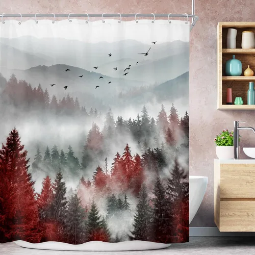 Miniatura 43 de Riyidecor - Cortina de ducha para baño pequeño de montaña, 36 pulgadas de ancho x 72 pulgadas de alto, verde, para RV, temática rústica, naturaleza