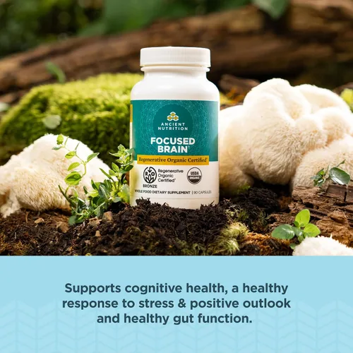Miniatura 3 de Ancient Nutrition Cápsulas cerebrales enfocadas certificadas orgánicas regenerativas, hechas con hoja de ginkgo, melena de león para ayudar a