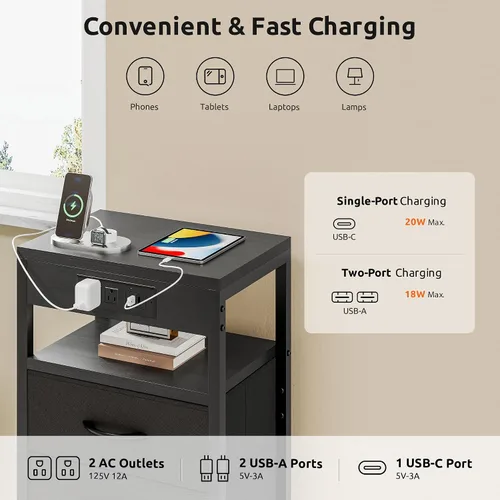 Miniatura 4 de Lazzanto Mesa de Noche Mesita de Carga para Dormitorio - Mesa de Noche con Estación de Carga, Mesita de Noche Moderna con Estante Abierto y 2