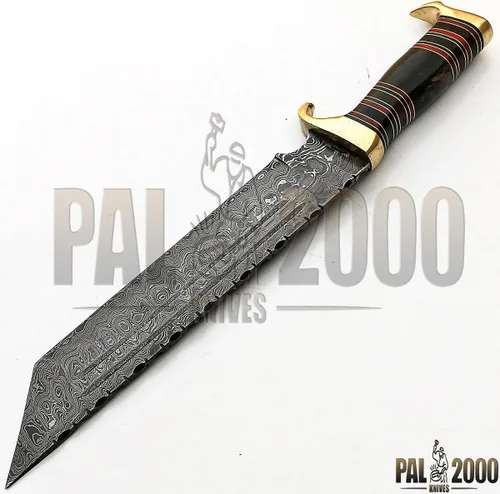 Miniatura 3 de Cuchillo de acero de Damasco hecho a mano personalizado de 15 pulgadas con mango de cuerno de búfalo hoja con funda, Sttm-9228, negro, marrón y gris