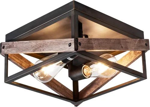 Miniatura 11 de Mayful Lámpara de techo de montaje empotrado de granja, 2 luces rústicas para pasillo con marco de madera y metal, lámparas industriales cerca