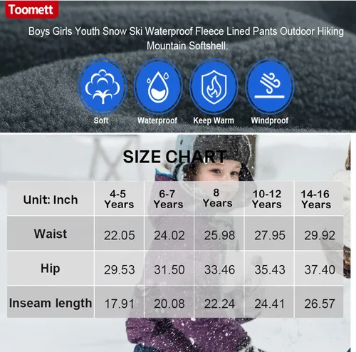 Miniatura 7 de Toomett Pantalones cargo de nieve para niños, niñas y niños al aire libre con forro polar suave Shell senderismo pesca esquí pantalones aislados