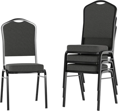 Miniatura 70 de Flash Furniture HERCULES Series - Silla apilable para banquetes con respaldo de corona en tela negra con estampado, marco de vena plateada Tela