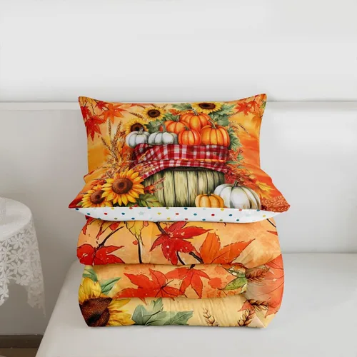 Miniatura 7 de Juego de edredón de cosecha de calabaza de otoño, tamaño individual, juego de ropa de cama de otoño con hojas de arce y girasol, decoración