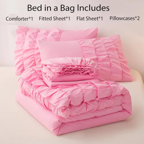 Miniatura 3 de Juego de edredón rosa individual, ropa de cama de 5 piezas en una bolsa individual para niñas adolescentes, juego de ropa de cama con volantes rosas