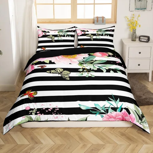 Funda de edredón floral rosa, funda de edredón a rayas blancas y negras, juegos de ropa de cama rosa y negro, rosa con mariposa y hojas, elegante