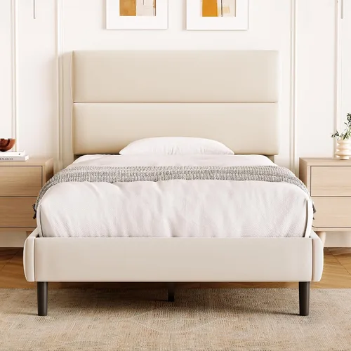 GRUSIGN Base de cama de plataforma de tamaño individual con cabecera de terciopelo, soporte de listones de madera de altura ajustable, base de